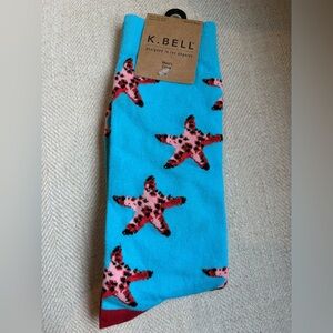 🧦 K. Bell Starfish Crew Socks Men’s Blue Pink Beach Ocean NWT